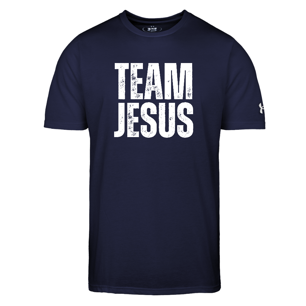 Team Jesus Weathered White Print Authentic Under Armour Men's Athletic 2.0 Christian Workout T-Shirt - navy