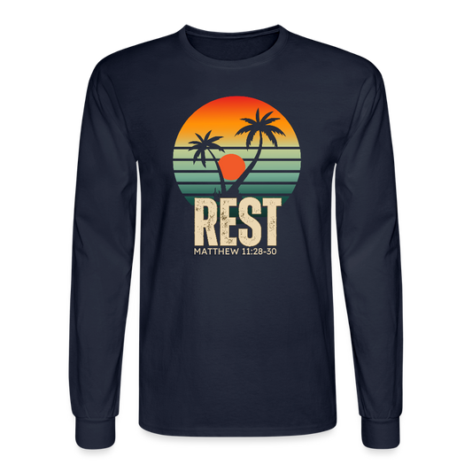 Rest Matthew 11:28-30 Christian Unisex Long Sleeve T-Shirt - navy