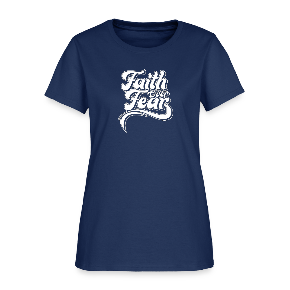 Faith Over Fear Groovy Christian Women's T-Shirt - blue dusk