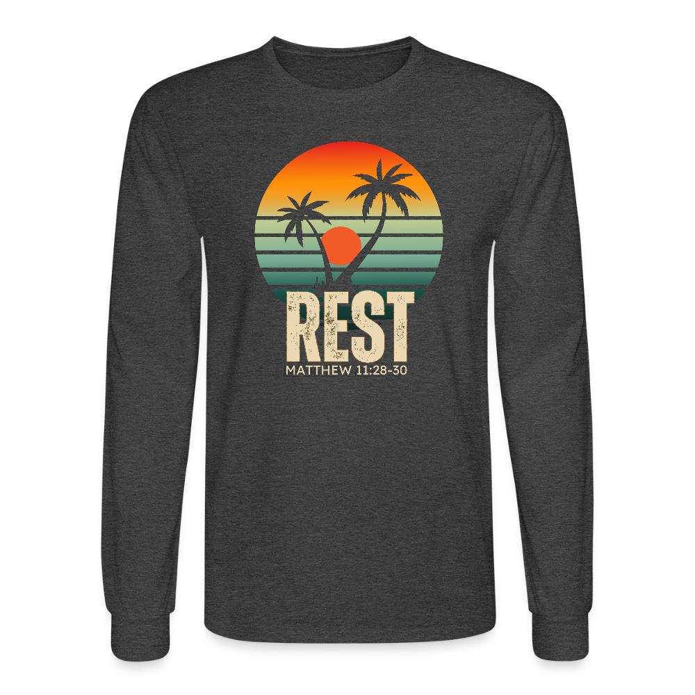Rest Matthew 11:28-30 Christian Unisex Long Sleeve T-Shirt - heather black