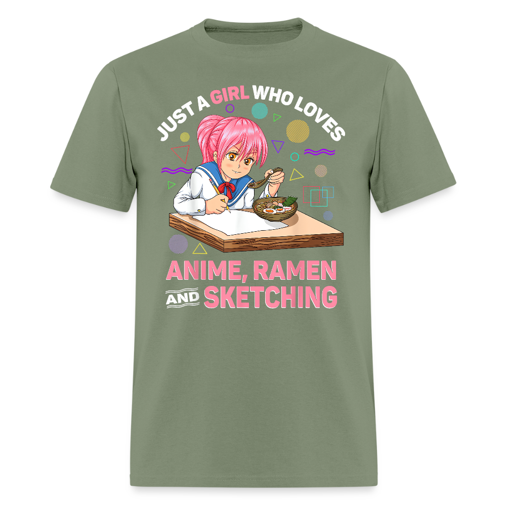 Just A Girl Who Loves Anime, Ramen and Sketching Premium Unisex T-Shirt - military green
