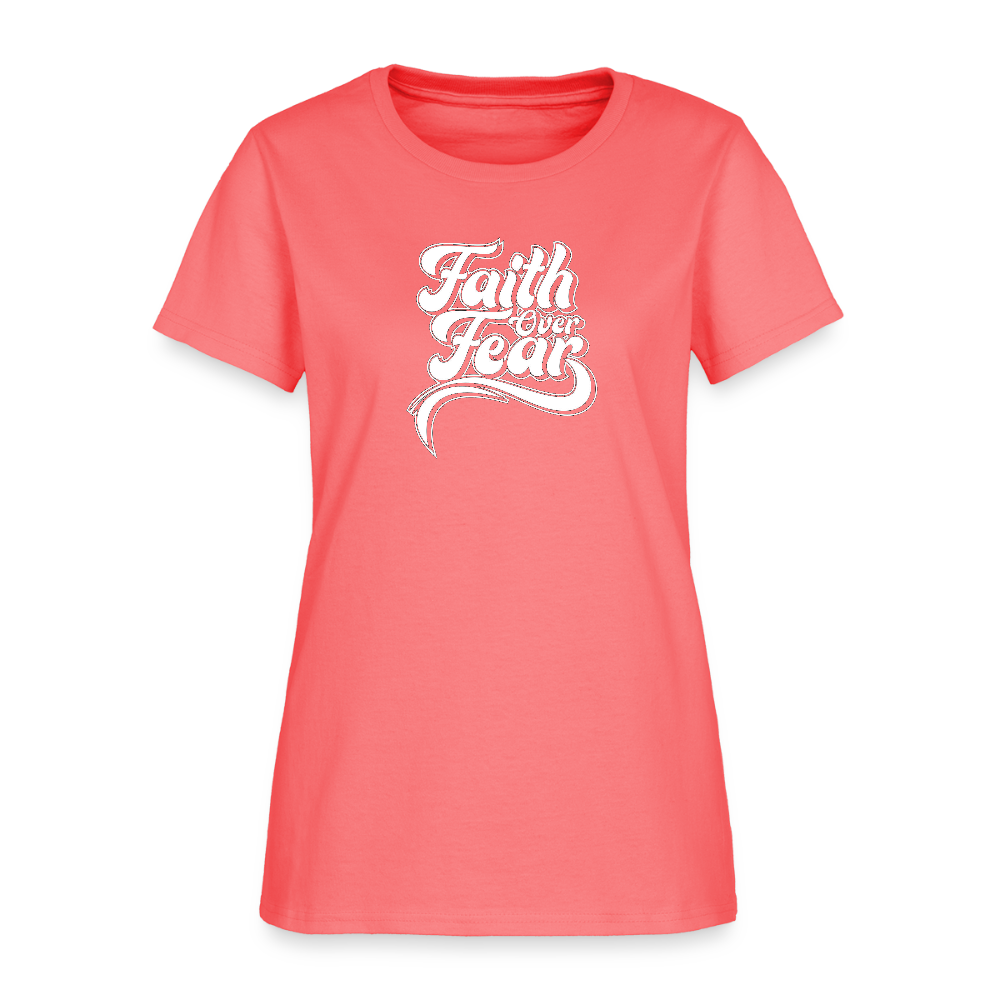 Faith Over Fear Groovy Christian Women's T-Shirt - coral