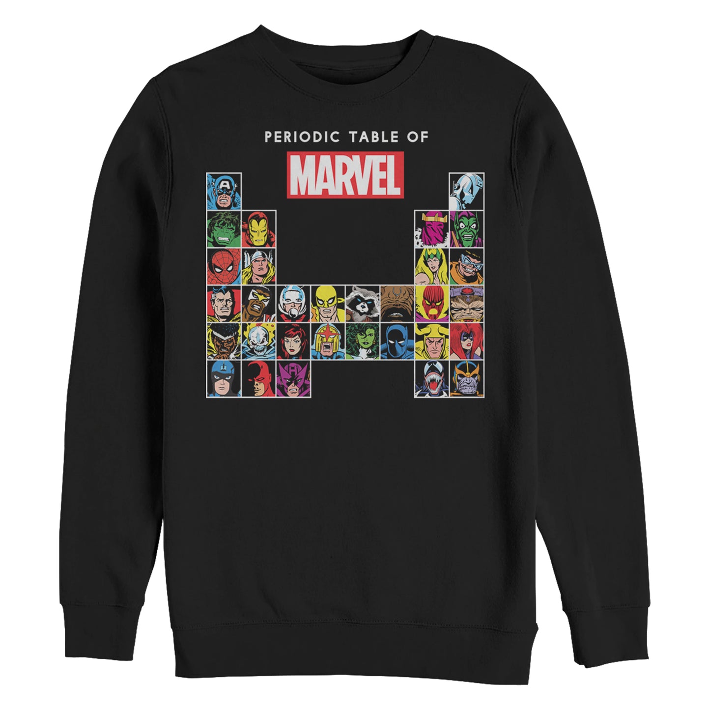 Marvel Superheroes Periodic Table Adult Black Unisex Crewneck Sweatshirt