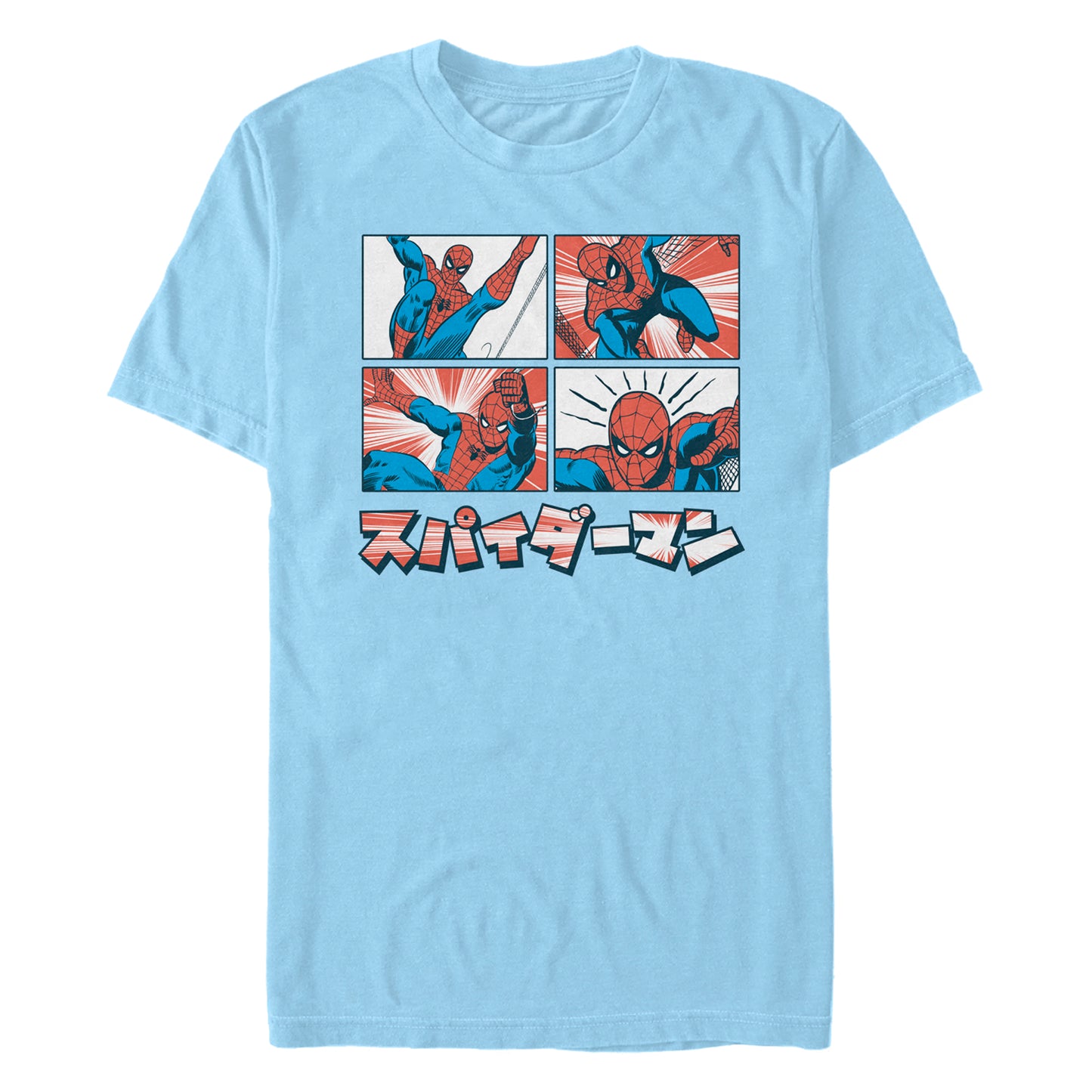 Marvel Spiderman Kanji Comic Panels Adult Light Blue Unisex T-Shirt