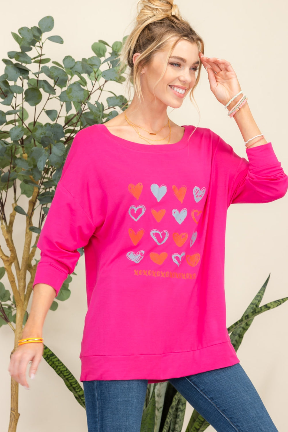 Heart Graphic Pink Long Sleeve T-Shirt
