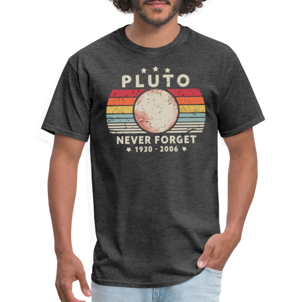 Never Forget Pluto Graphic Tee. Retro Style Funny Space Science Unisex T-Shirt - heather black
