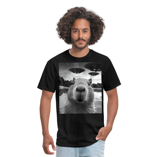 Capybara Selfie with UFOs Funny Graphic Tee Weird Unisex Classic T-Shirt - black