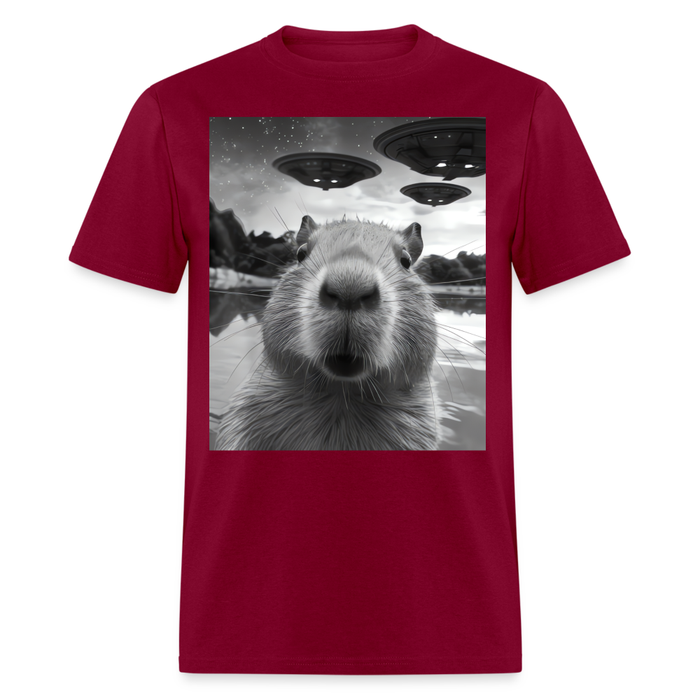 Capybara Selfie with UFOs Funny Graphic Tee Weird Unisex Classic T-Shirt - burgundy
