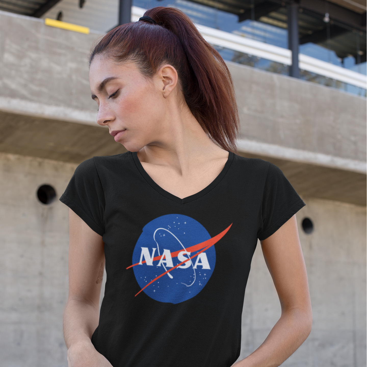 NASA Insignia Meatball Logo Women's Black V-neck T-Shirt