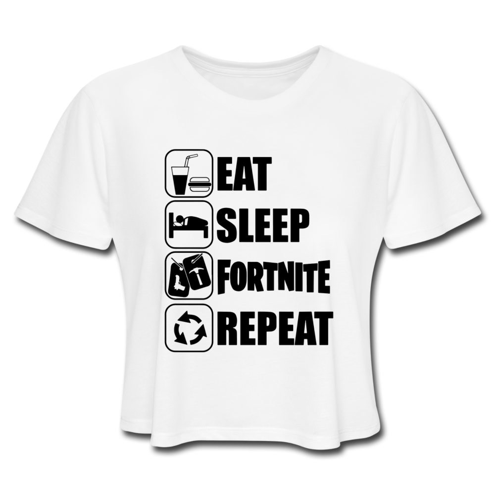 Eat Sleep White Design Fortnite Women's Cropped Video Game T-Shirt - white