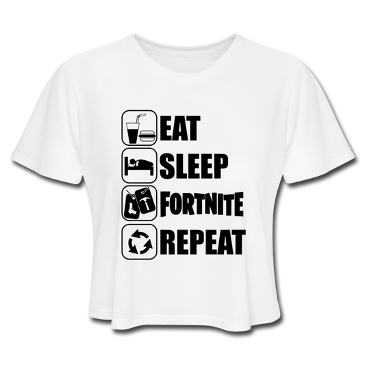 Eat Sleep White Design Fortnite Women's Cropped Video Game T-Shirt - white
