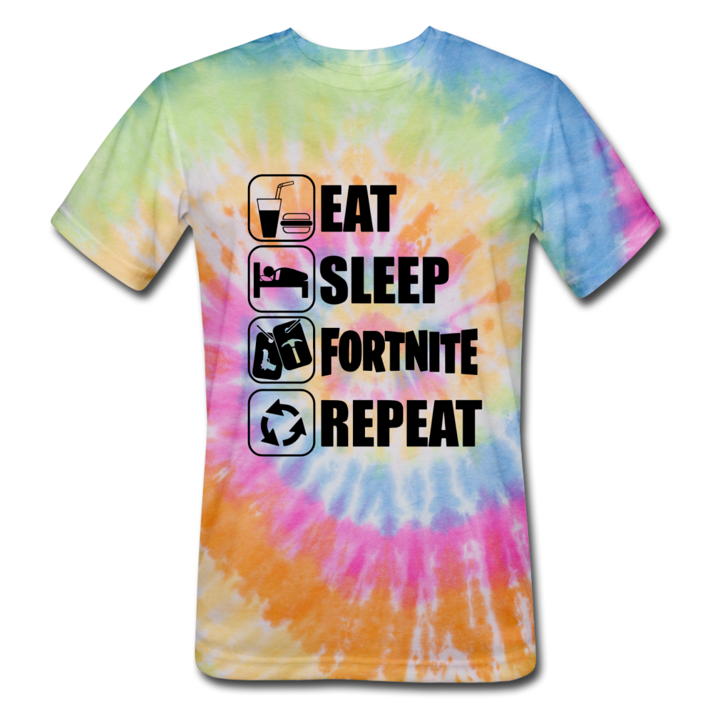 Eat Sleep Unisex Tie Dye Black Design Fortnite Video Game T-Shirt - rainbow