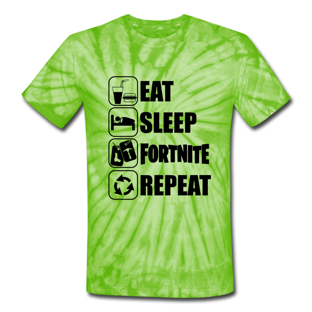 Eat Sleep Unisex Tie Dye Black Design Fortnite Video Game T-Shirt - spider lime green
