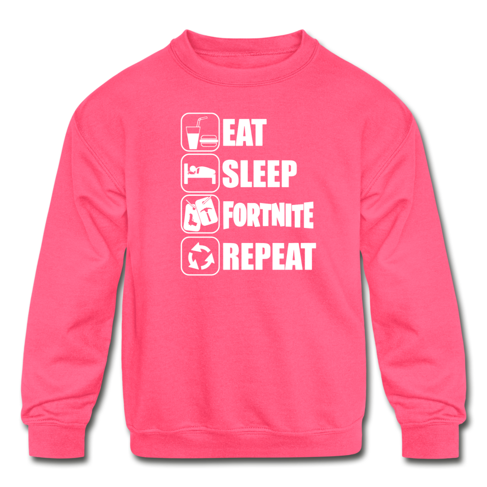 Eat Sleep White Design Fortnite Kid's Crewneck Video Game Sweatshirt - neon pink
