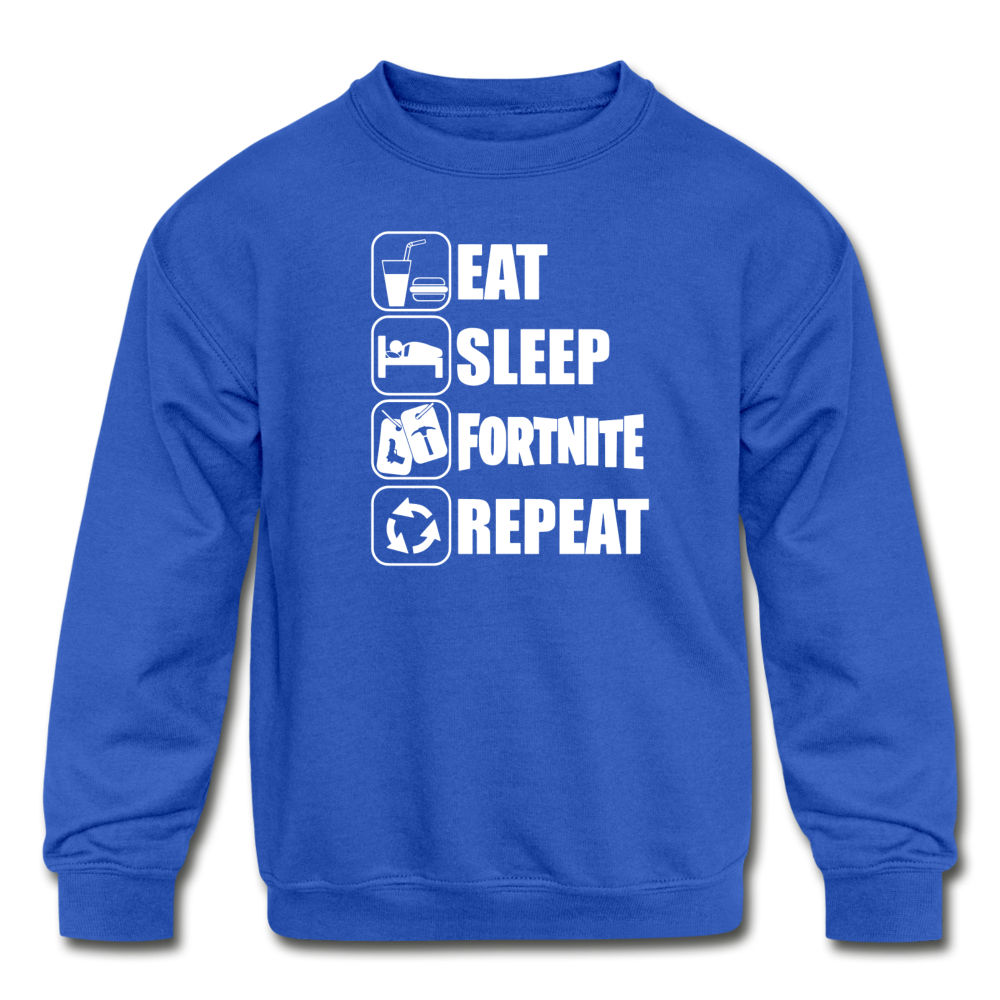 Eat Sleep White Design Fortnite Kid's Crewneck Video Game Sweatshirt - royal blue