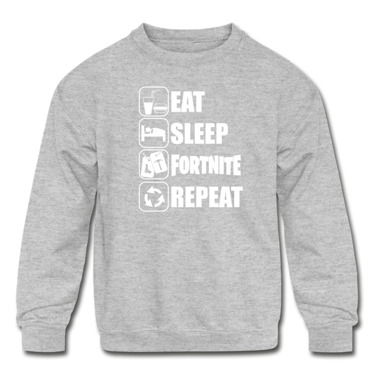 Eat Sleep White Design Fortnite Kid's Crewneck Video Game Sweatshirt - heather gray
