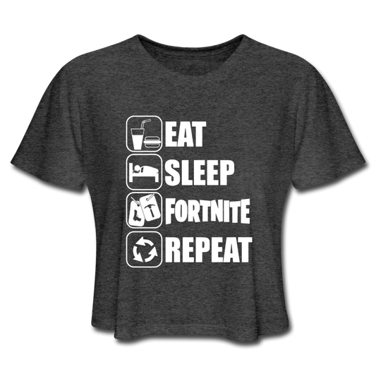 Eat Sleep White Design Fortnite Women's Cropped Video Game T-Shirt - deep heather