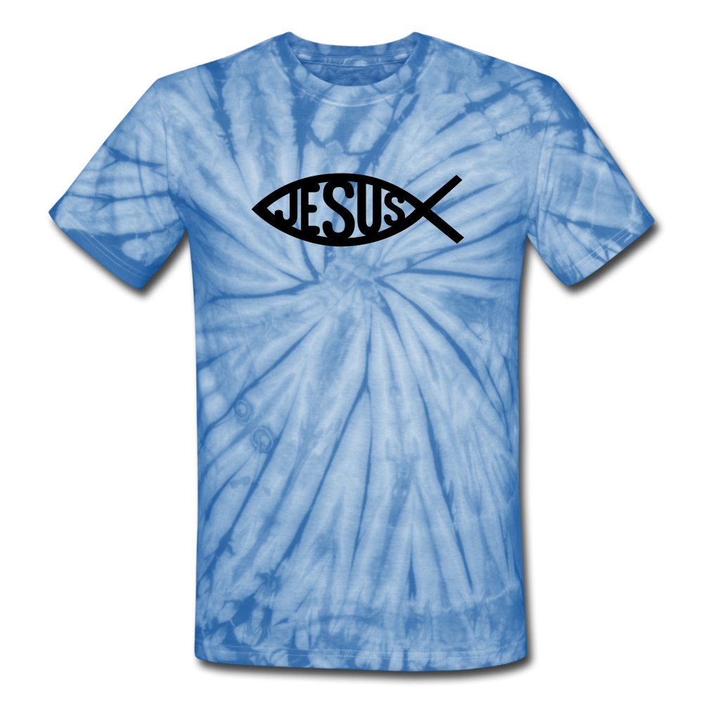 Jesus Fish Tie Dye Tee - spider baby blue