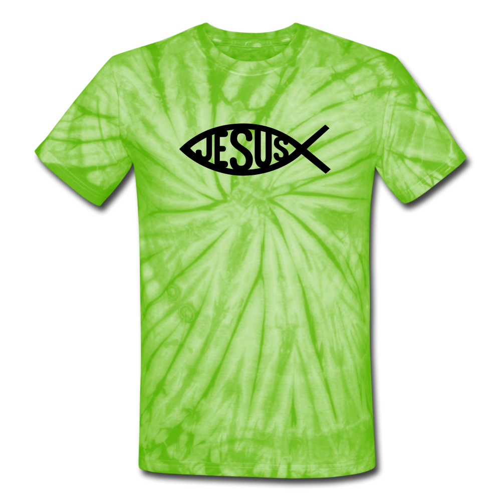 Jesus Fish Tie Dye Tee - spider lime green