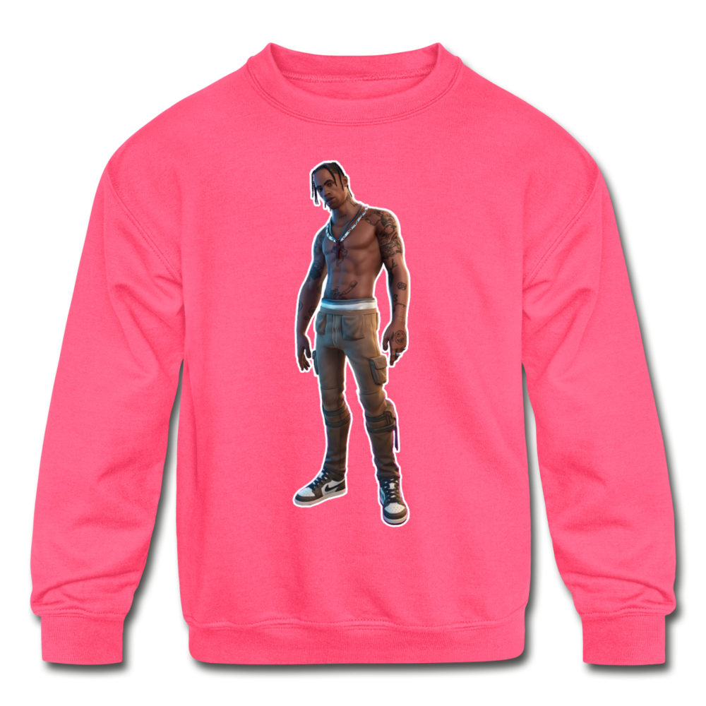 Travis Scott Kid's Crewneck Fortnite Video Game Sweatshirt - neon pink