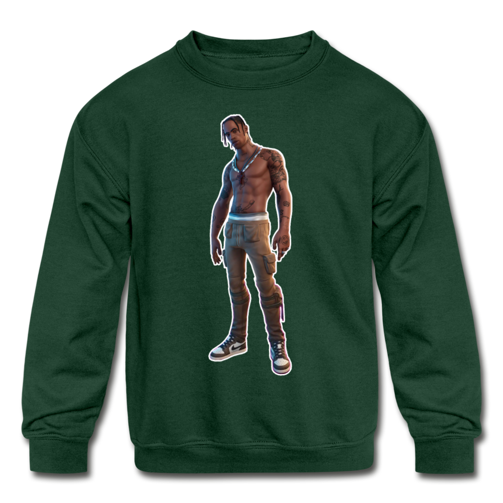 Travis Scott Kid's Crewneck Fortnite Video Game Sweatshirt - forest green