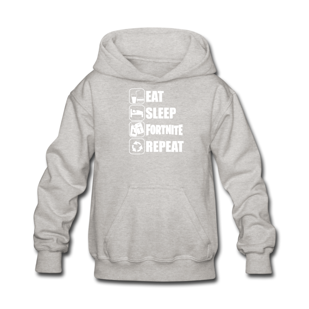 Eat Sleep Fortnite Hoodie White Design Kid's Video Game Sweatshirt - heather gray