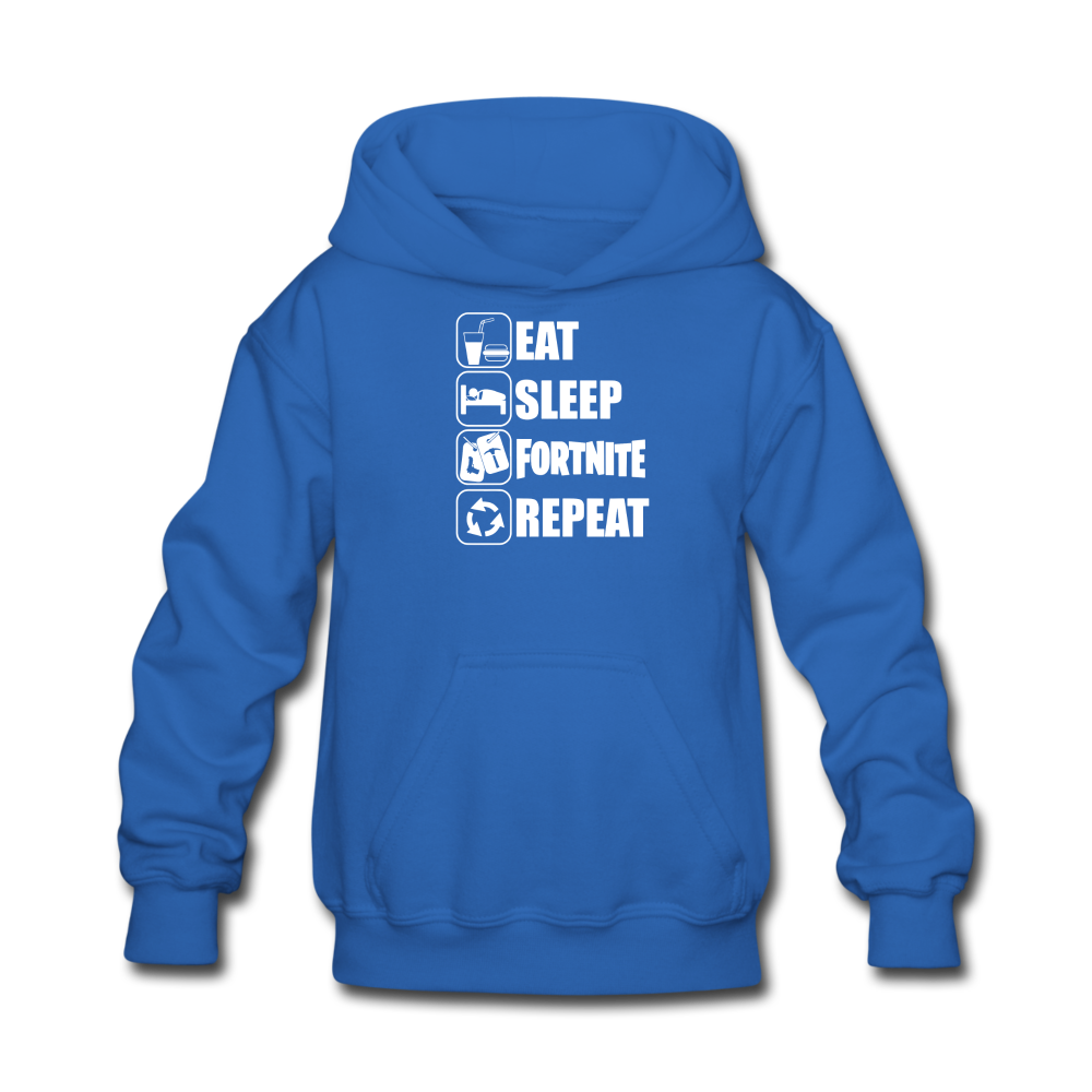 Eat Sleep Fortnite Hoodie White Design Kid's Video Game Sweatshirt - royal blue