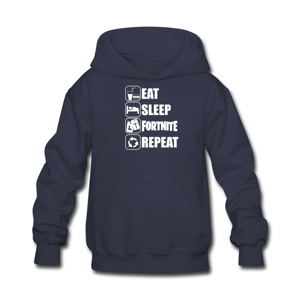 Eat Sleep Fortnite Hoodie White Design Kid's Video Game Sweatshirt - navy