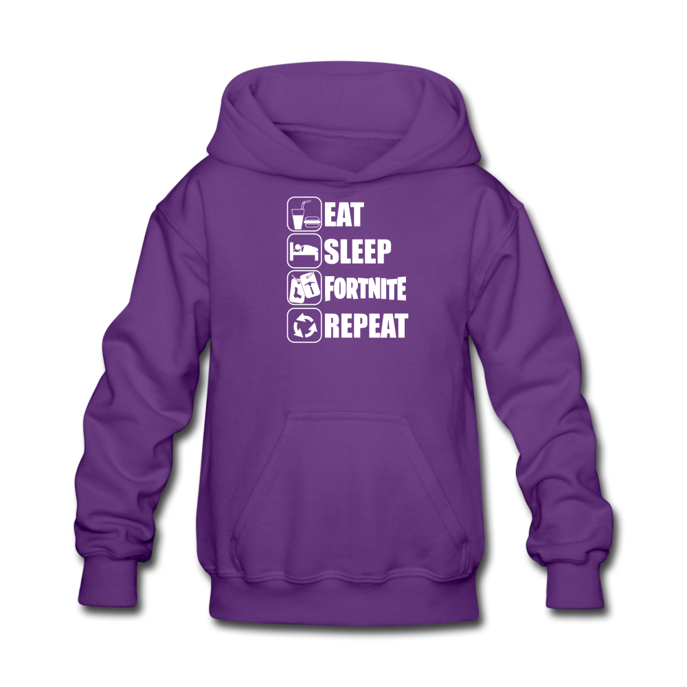 Eat Sleep Fortnite Hoodie White Design Kid's Video Game Sweatshirt - purple