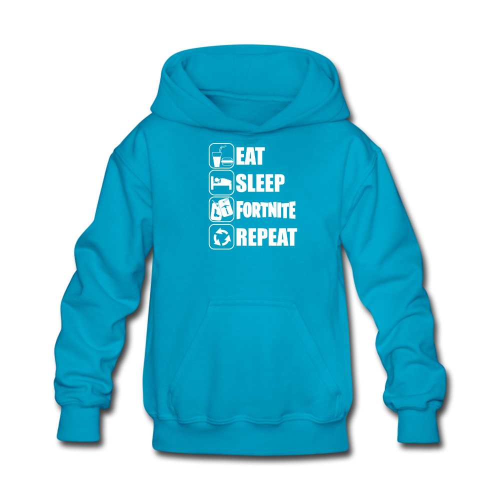 Eat Sleep Fortnite Hoodie White Design Kid's Video Game Sweatshirt - turquoise