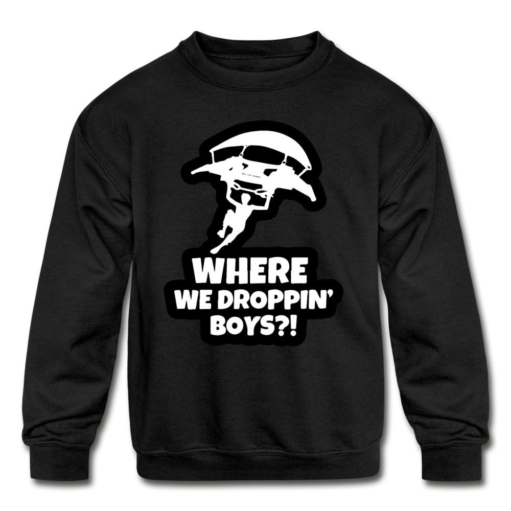 Where We Droppin' Crewneck Kid's Fortnite Video Game Sweatshirt - black