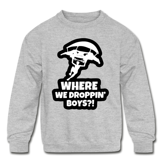 Where We Droppin' Crewneck Kid's Fortnite Video Game Sweatshirt - heather gray