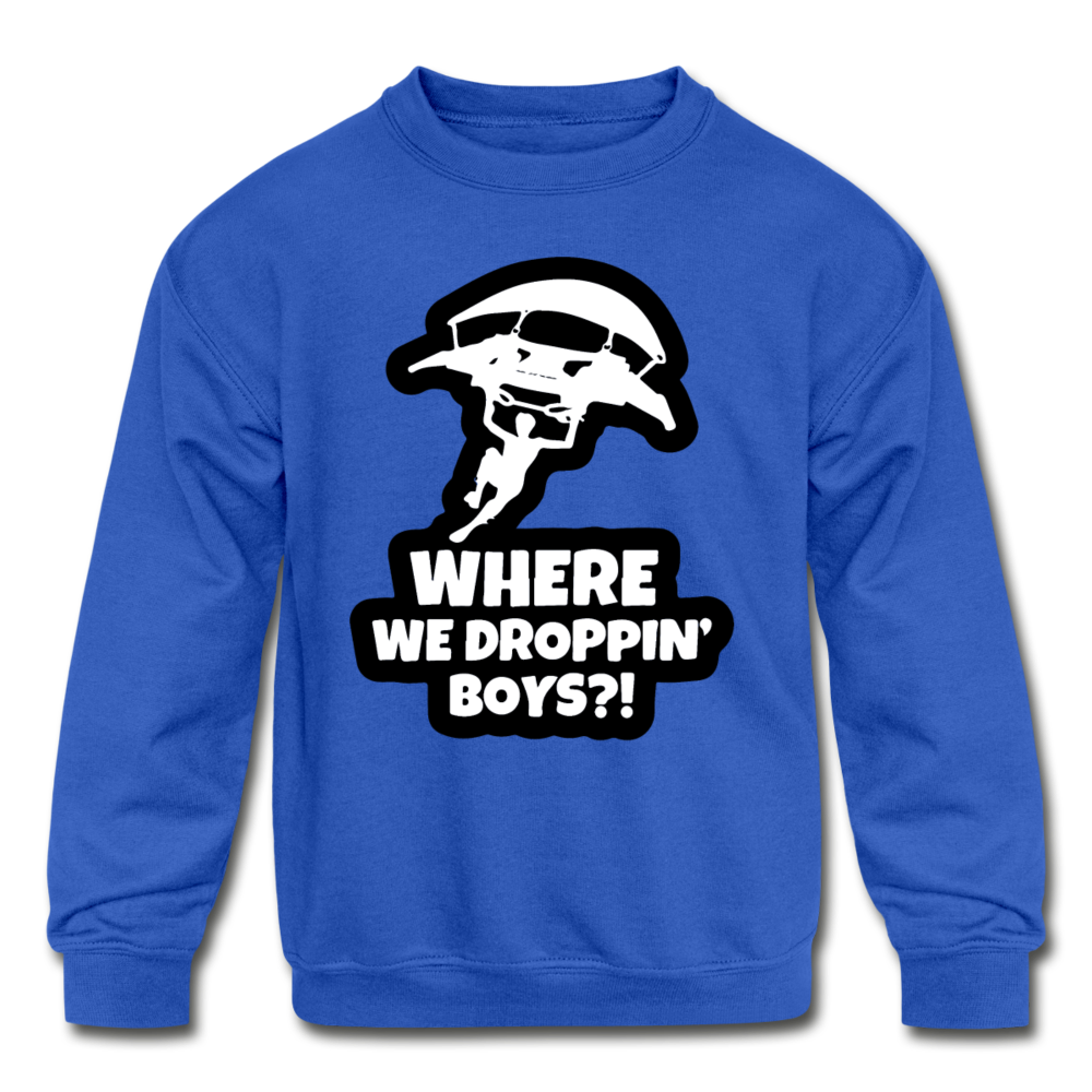 Where We Droppin' Crewneck Kid's Fortnite Video Game Sweatshirt - royal blue