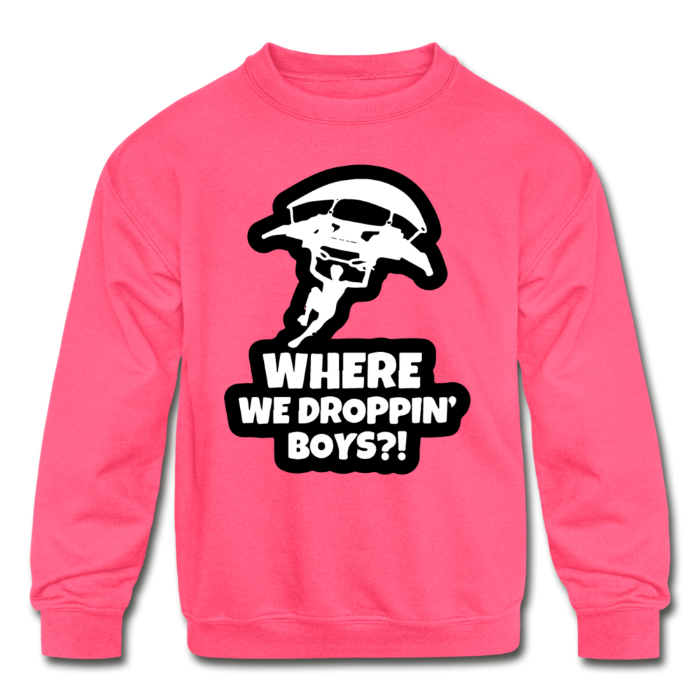 Where We Droppin' Crewneck Kid's Fortnite Video Game Sweatshirt - neon pink
