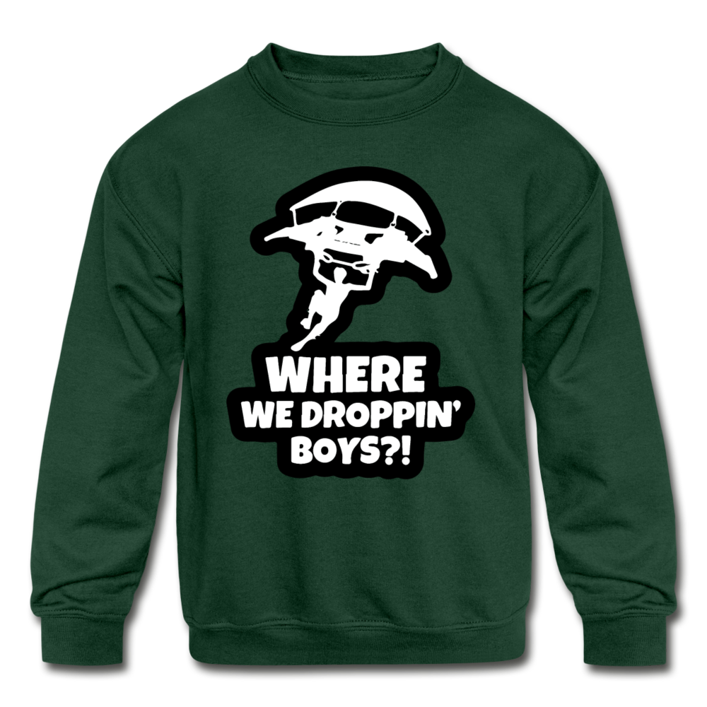 Where We Droppin' Crewneck Kid's Fortnite Video Game Sweatshirt - forest green