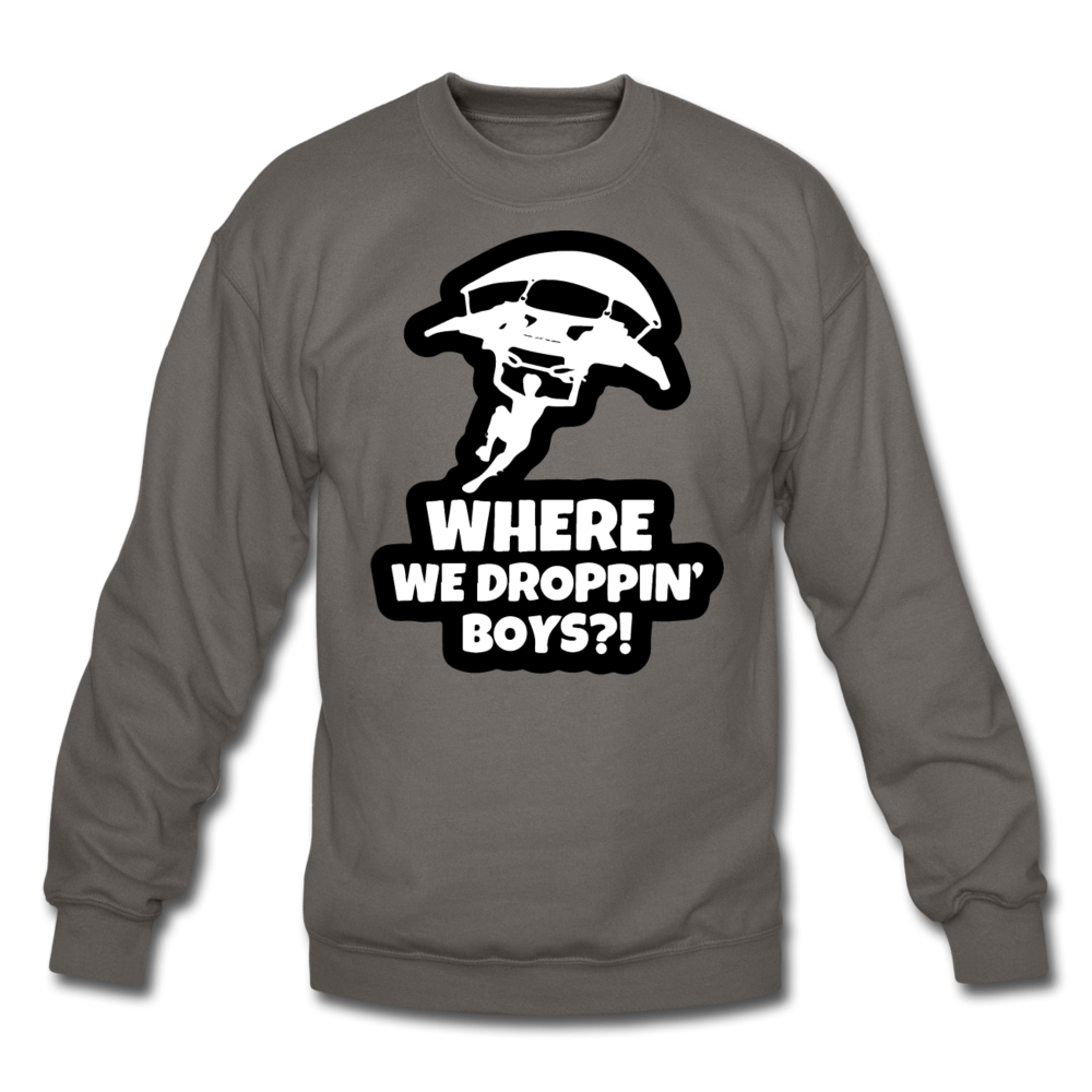 Where We Droppin' Crewneck Fortnite Video Game Sweatshirt - asphalt gray