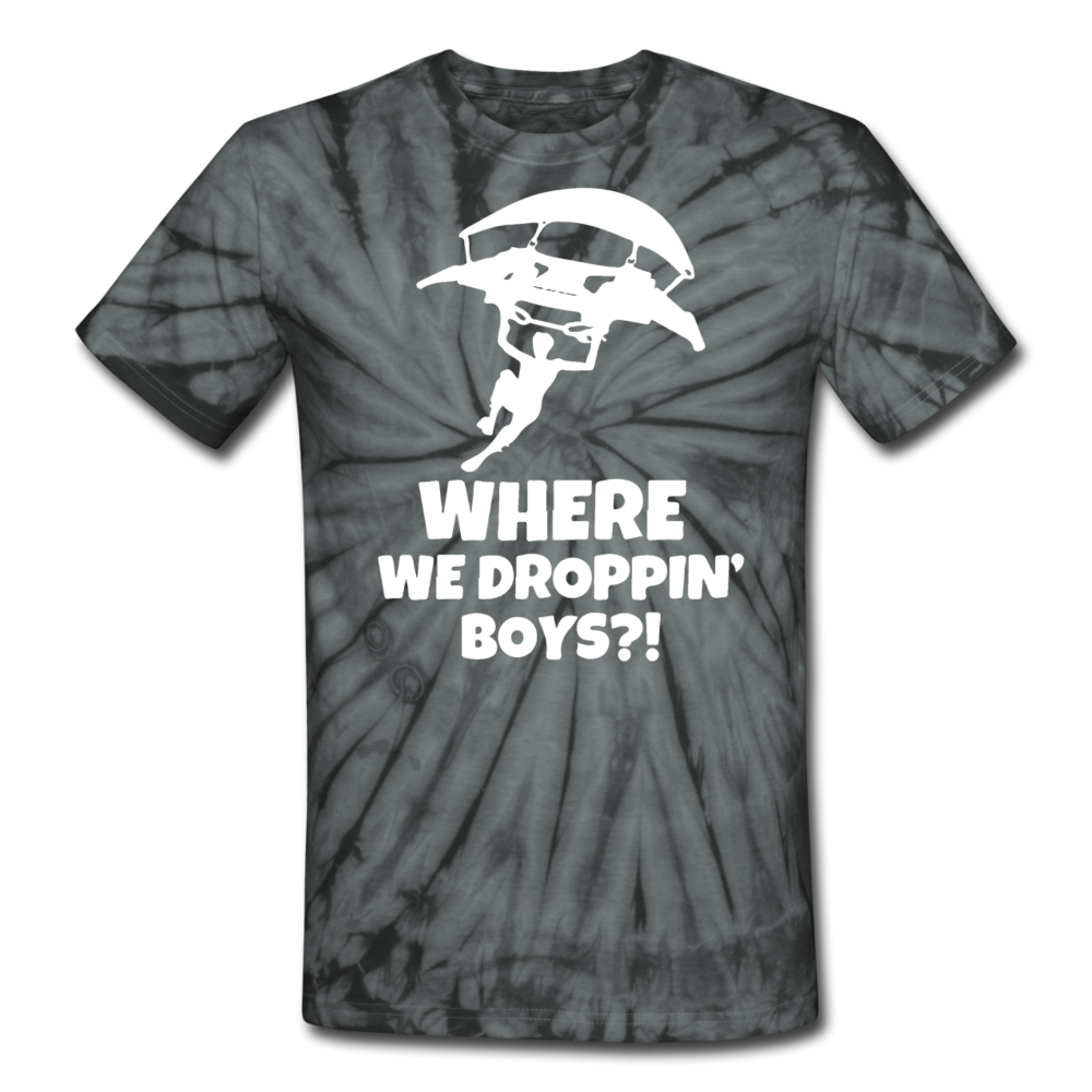 Where We Droppin' Tie Dyenomite Fortnite Video Game T-Shirt - spider black
