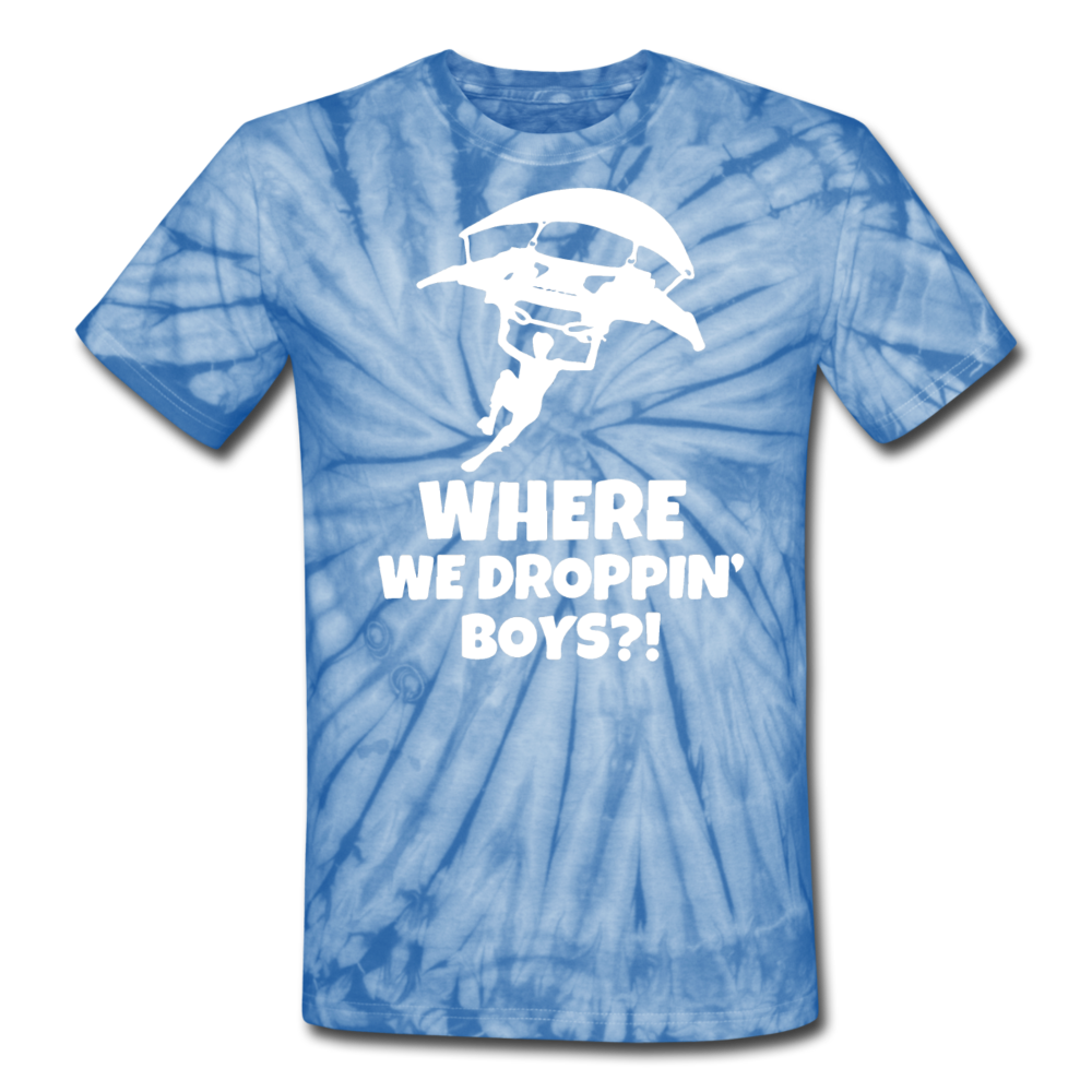 Where We Droppin' Tie Dyenomite Fortnite Video Game T-Shirt - spider baby blue