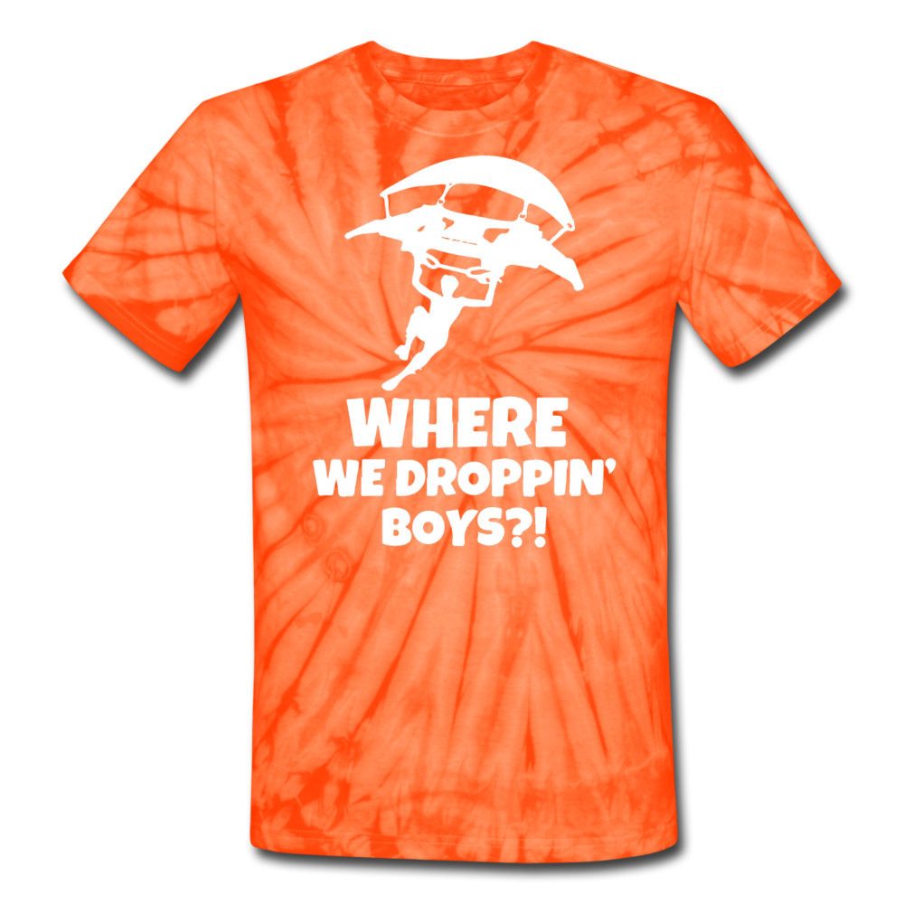 Where We Droppin' Tie Dyenomite Fortnite Video Game T-Shirt - spider orange