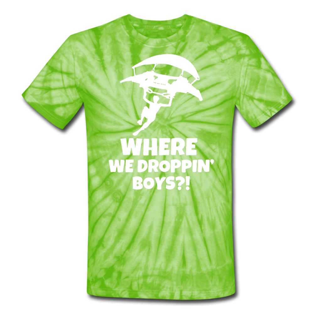 Where We Droppin' Tie Dyenomite Fortnite Video Game T-Shirt - spider lime green