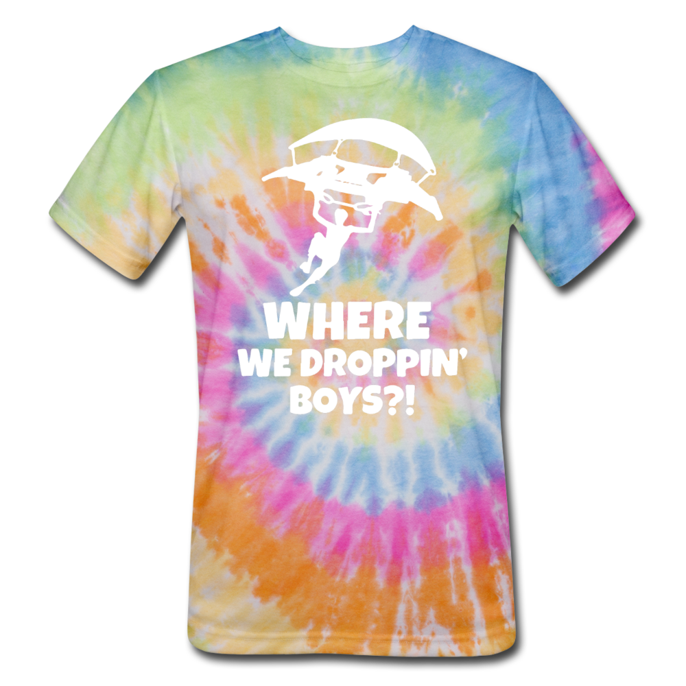 Where We Droppin' Tie Dyenomite Fortnite Video Game T-Shirt - rainbow