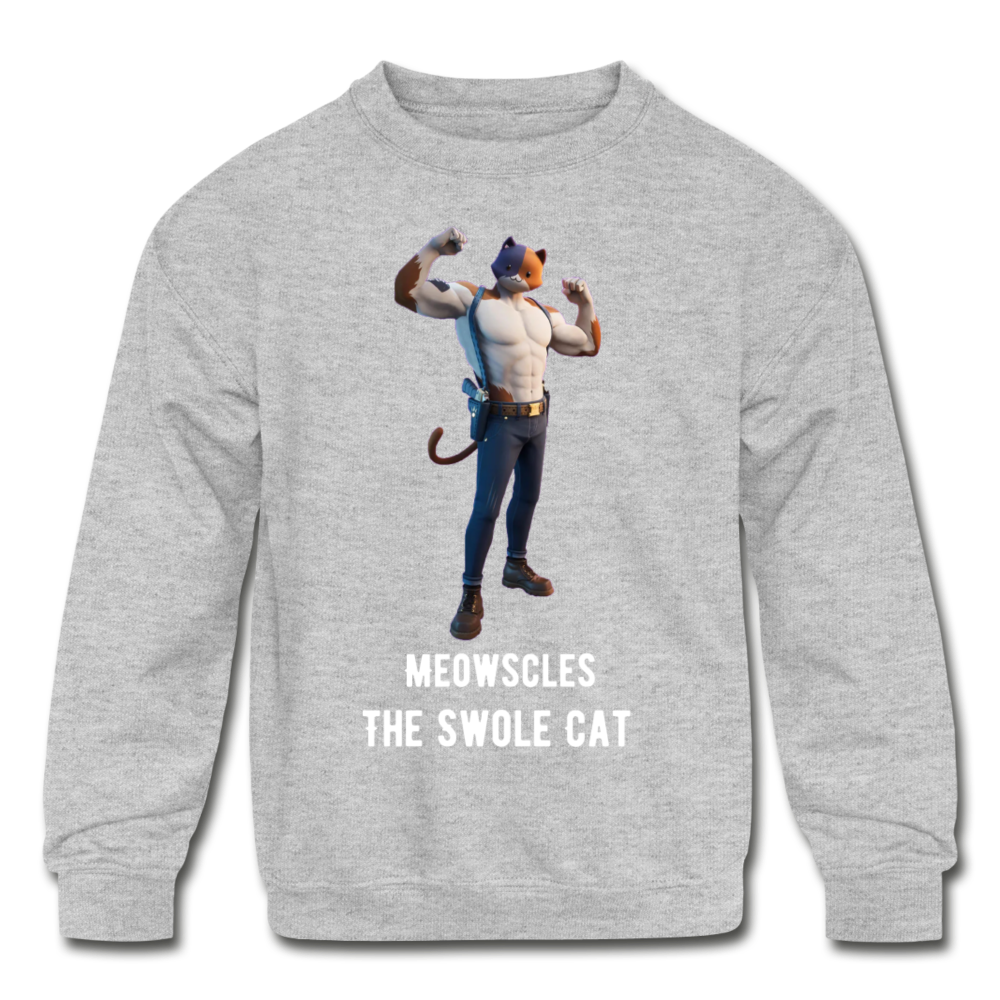 Meowscles the Swole Cat Kids' Crewneck Fortnite Video Game Sweatshirt - heather gray