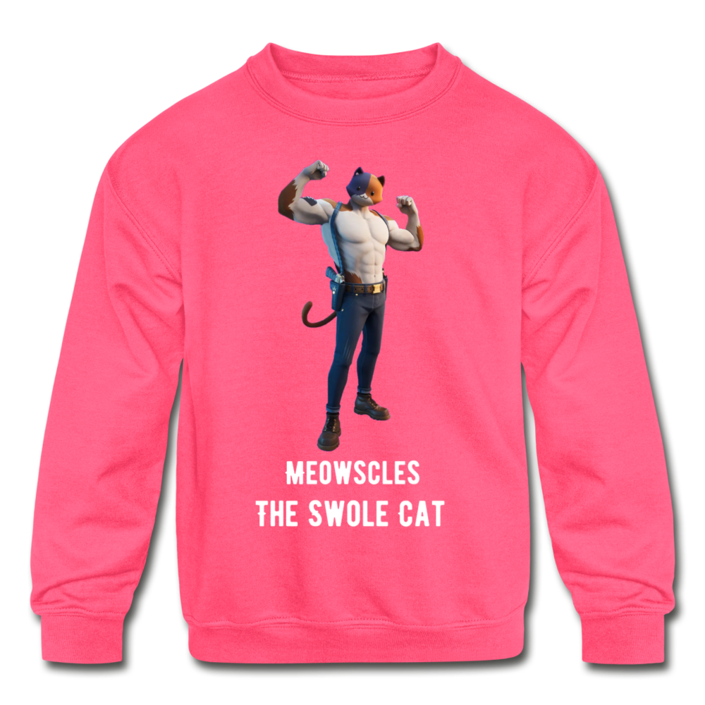 Meowscles the Swole Cat Kids' Crewneck Fortnite Video Game Sweatshirt - neon pink