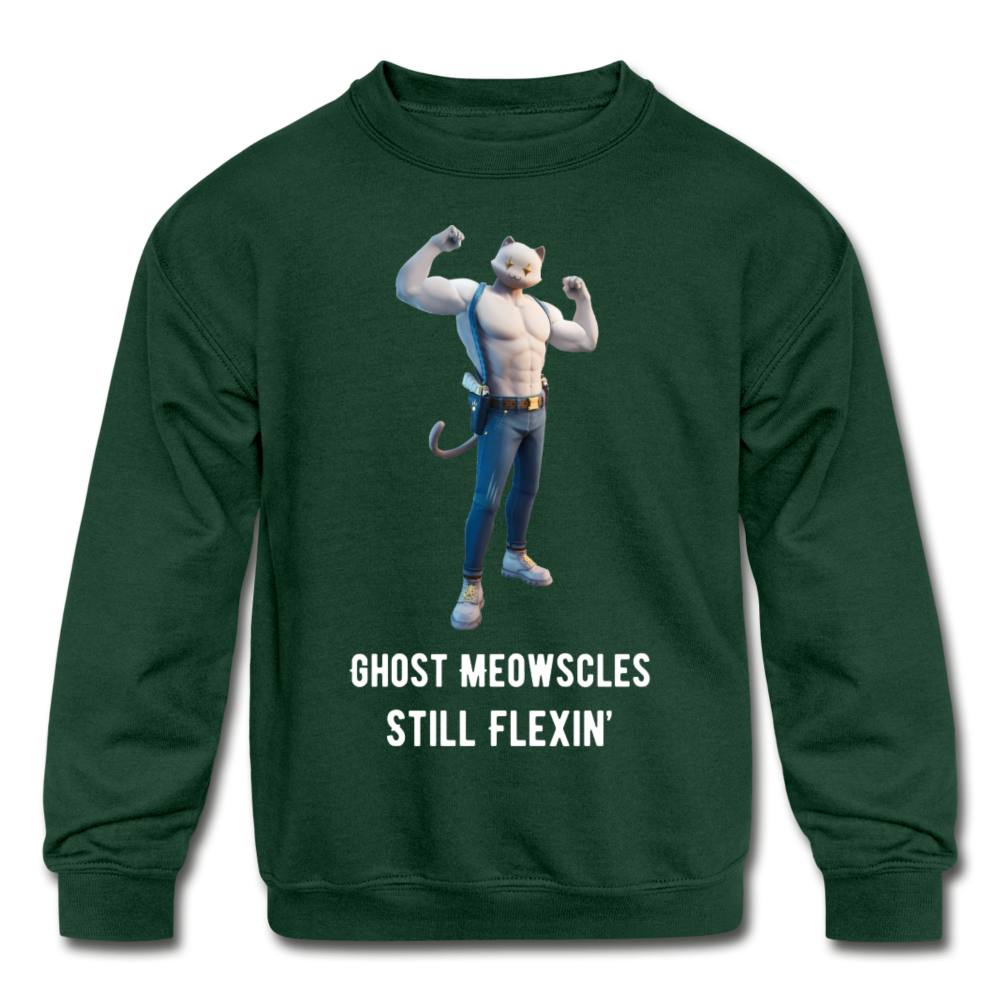 Ghost Meowscles Kids' Crewneck Fortnite Video Game Sweatshirt - forest green