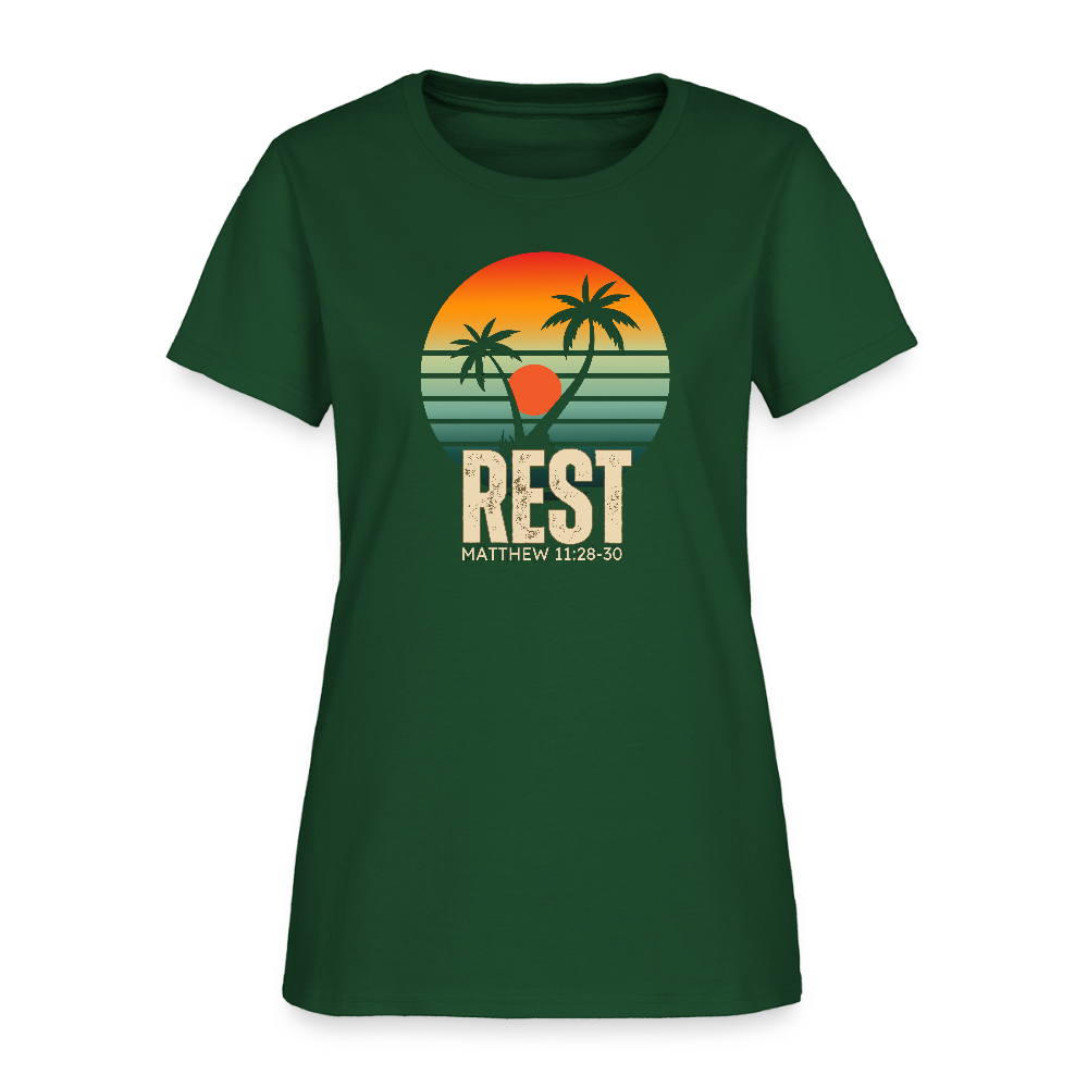 Rest Matthew 11:28-30 Christian Women's T-Shirt - forest green