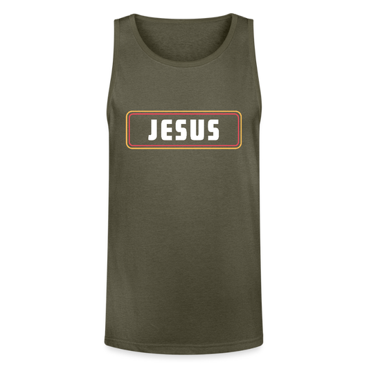 Jesus Retro Rectangle Christian Unisex Tri-Blend Organic Tank Top - heather olive