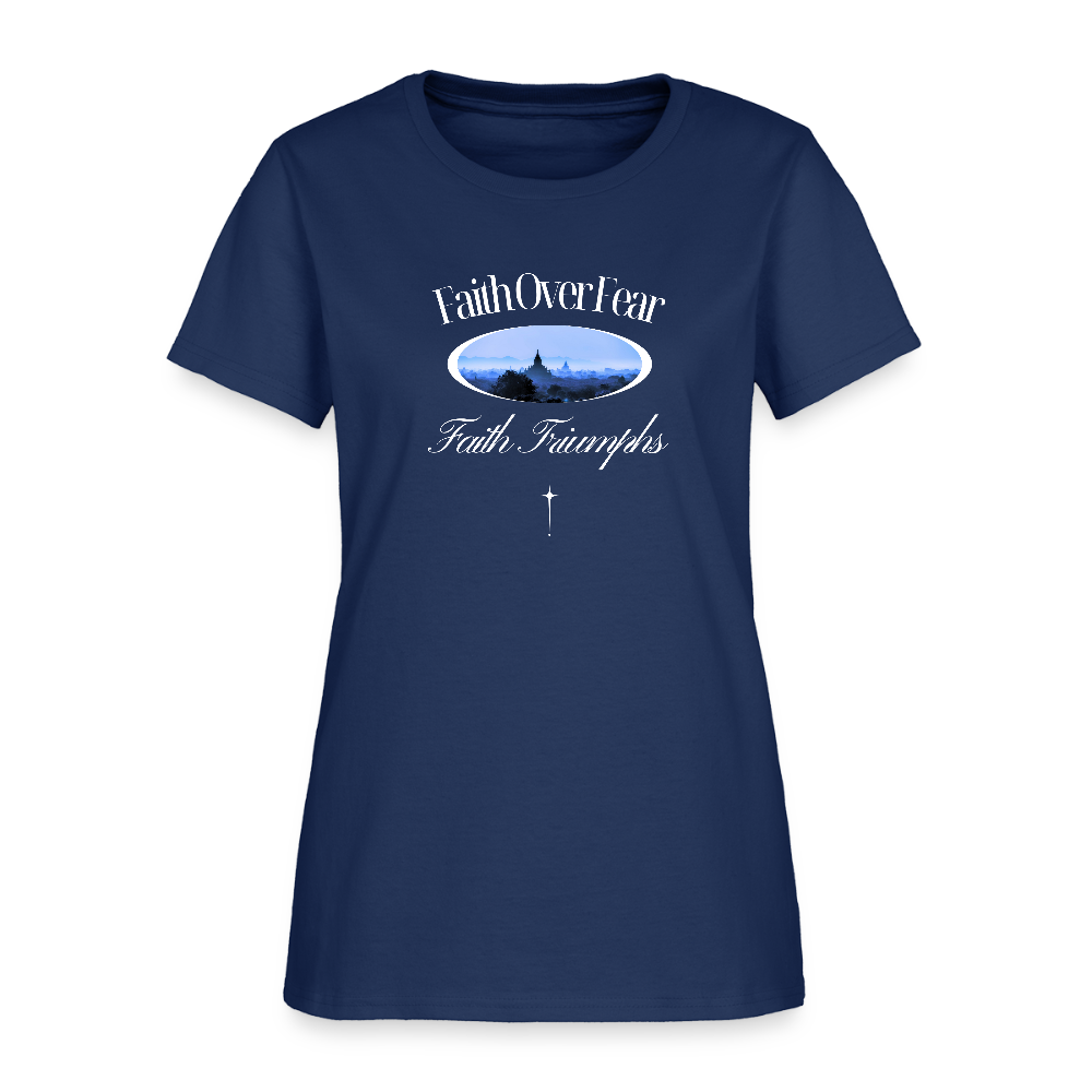 Faith Over Fear Faith Triumphs Christian Women's T-Shirt -  blue dusk