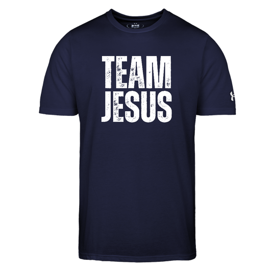 Team Jesus Weathered White Print Authentic Under Armour Men's Athletic 2.0 Christian Workout T-Shirt - navy
