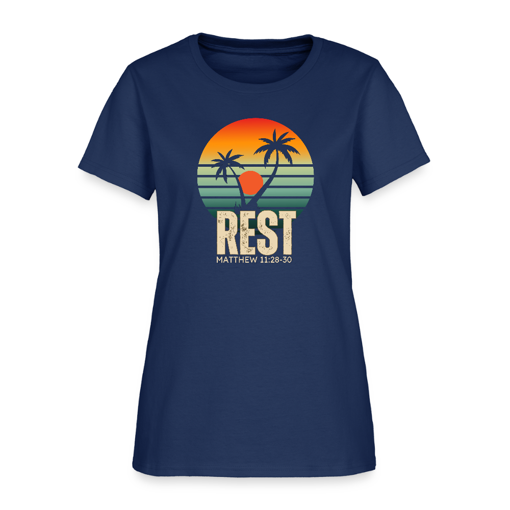 Rest Matthew 11:28-30 Christian Women's T-Shirt -  blue dusk