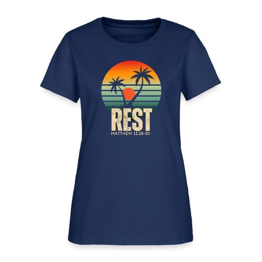 Rest Matthew 11:28-30 Christian Women's T-Shirt -  blue dusk